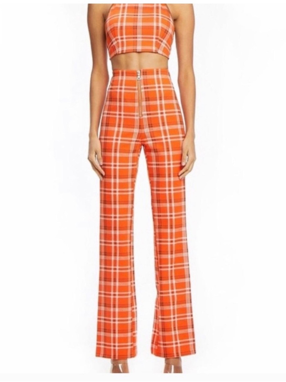 I.AM.GIA Orange Plaid Boot Cut Pants & Halter Tie Up Top